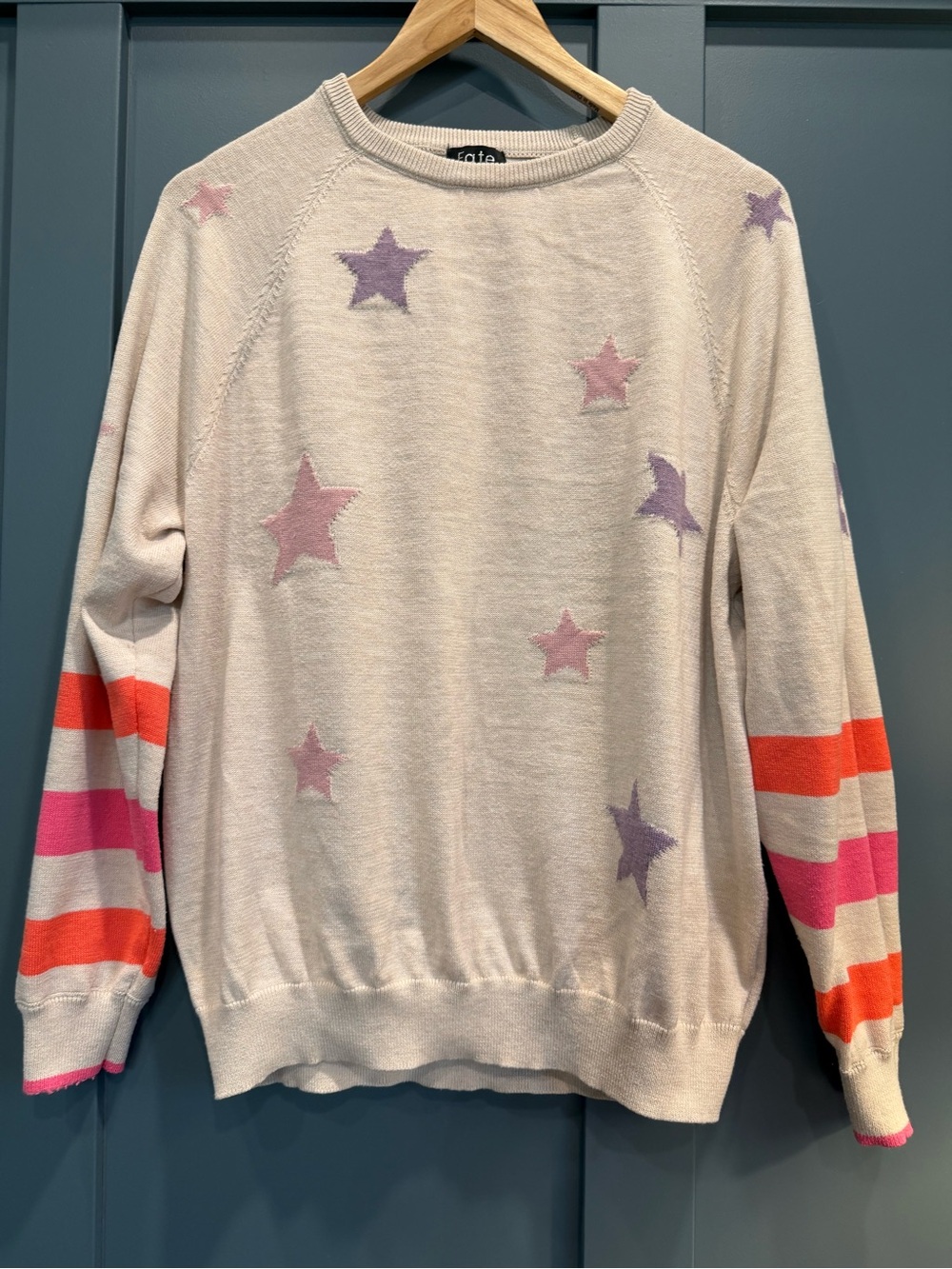 Fate Cream Crewneck Sweater with Pink & Purple Stars and Coral Stripes